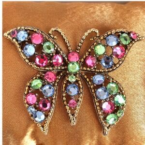 Vintage Signed Weiss Butterfly Brooch Pin Gold Tone Multi Color Rhinestone Pink